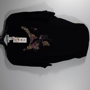 NWT ?. O. U. O.  USA  black with floral sequin  blouse SZ M
